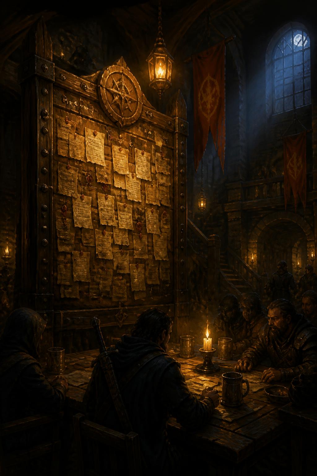 A candlelit adventurers guild hall with a great wooden quest board