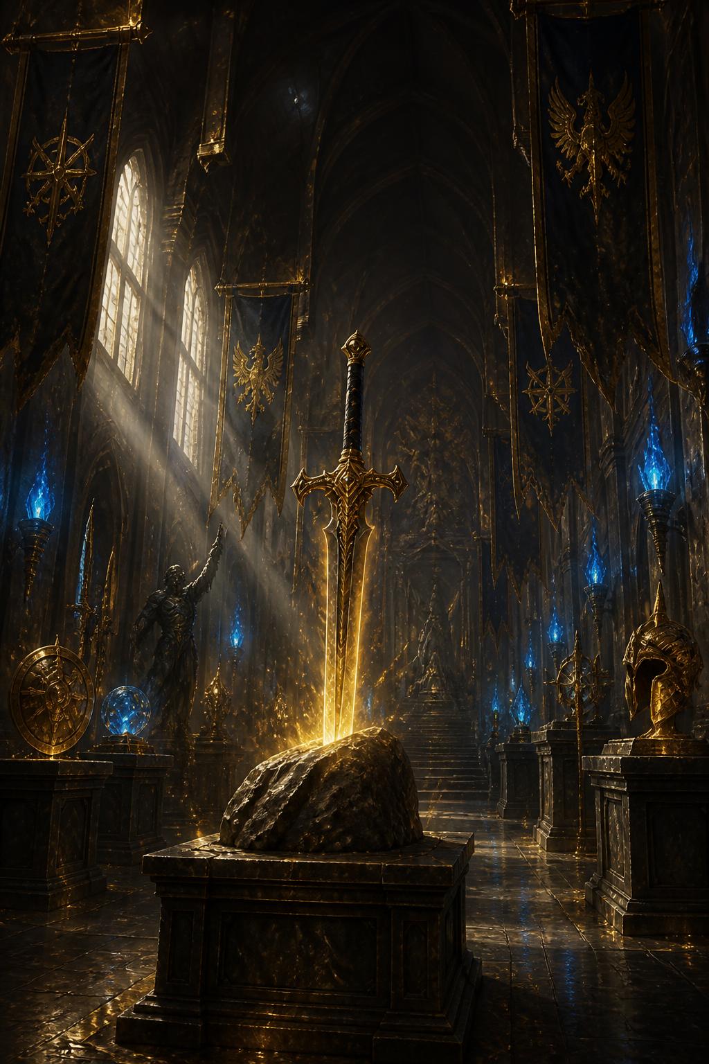 A colossal hall of legends with banners, trophies and a glowing sword in stone