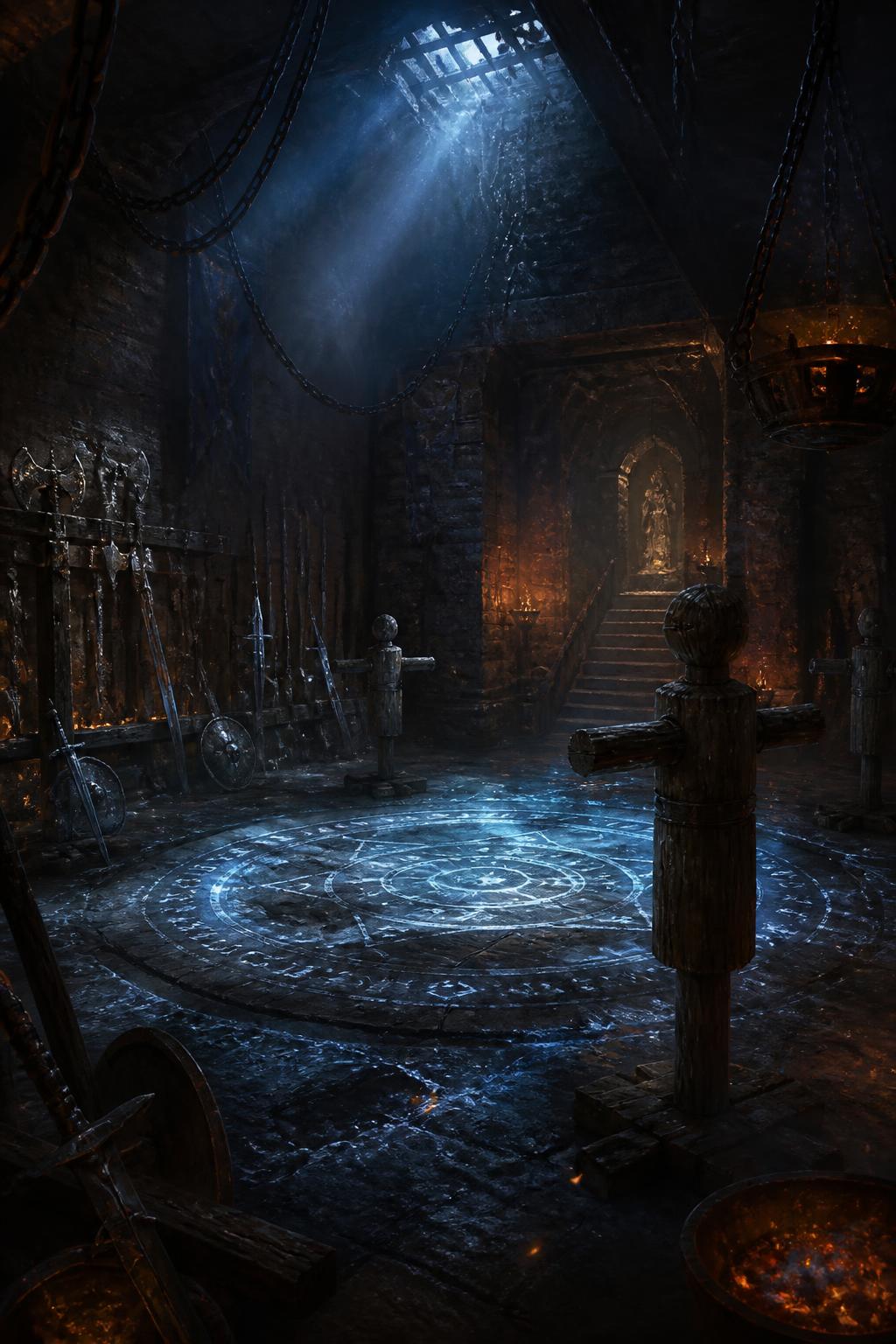 An ancient underground training arena with a glowing rune circle